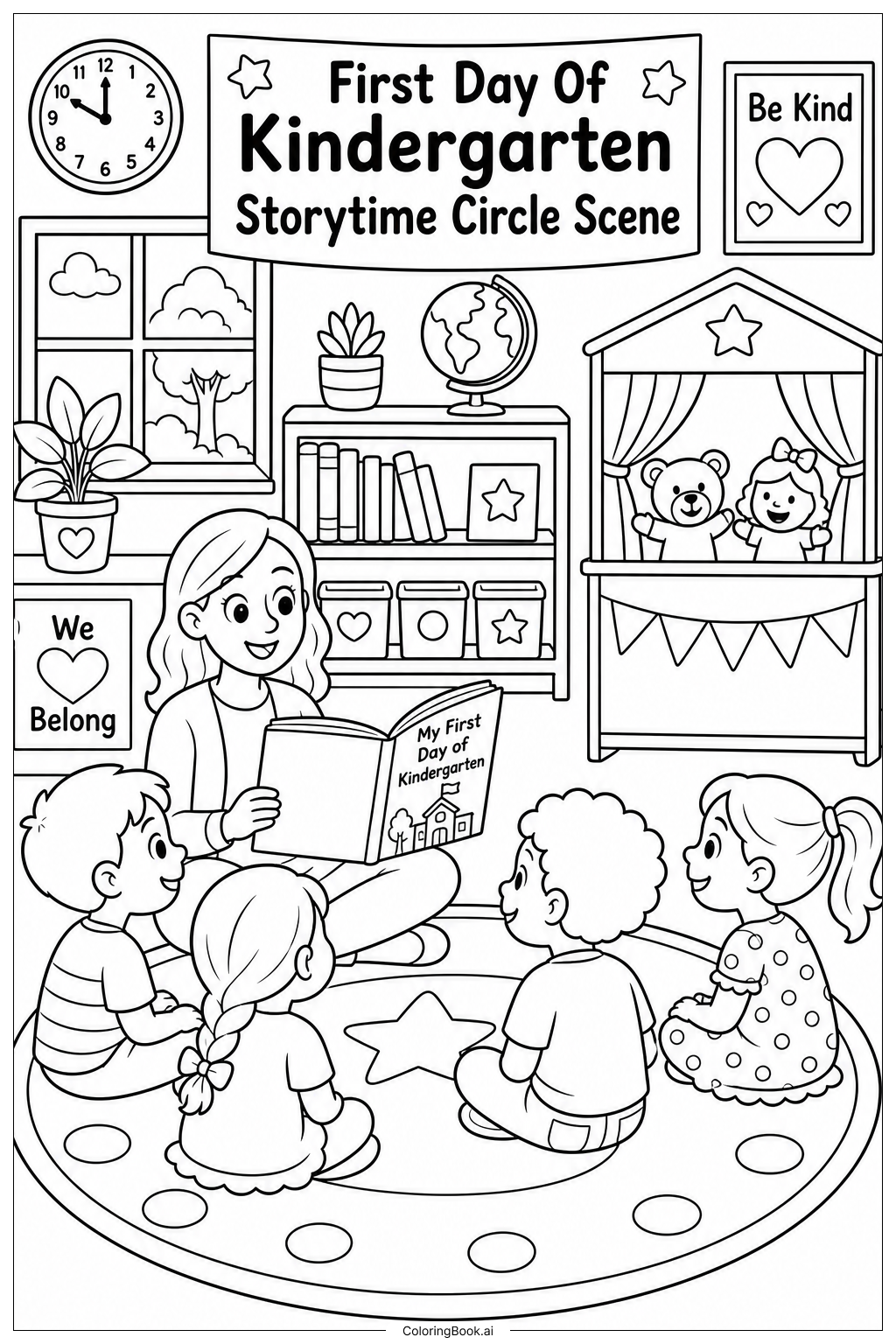 First Day Of Kindergarten Storytime Circle Scene Coloring Page 