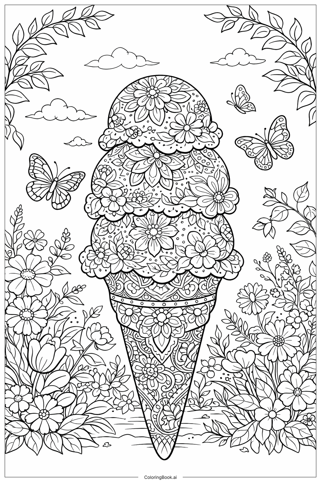  플로랄 아이스크림 콘 색칠공부 페이지 