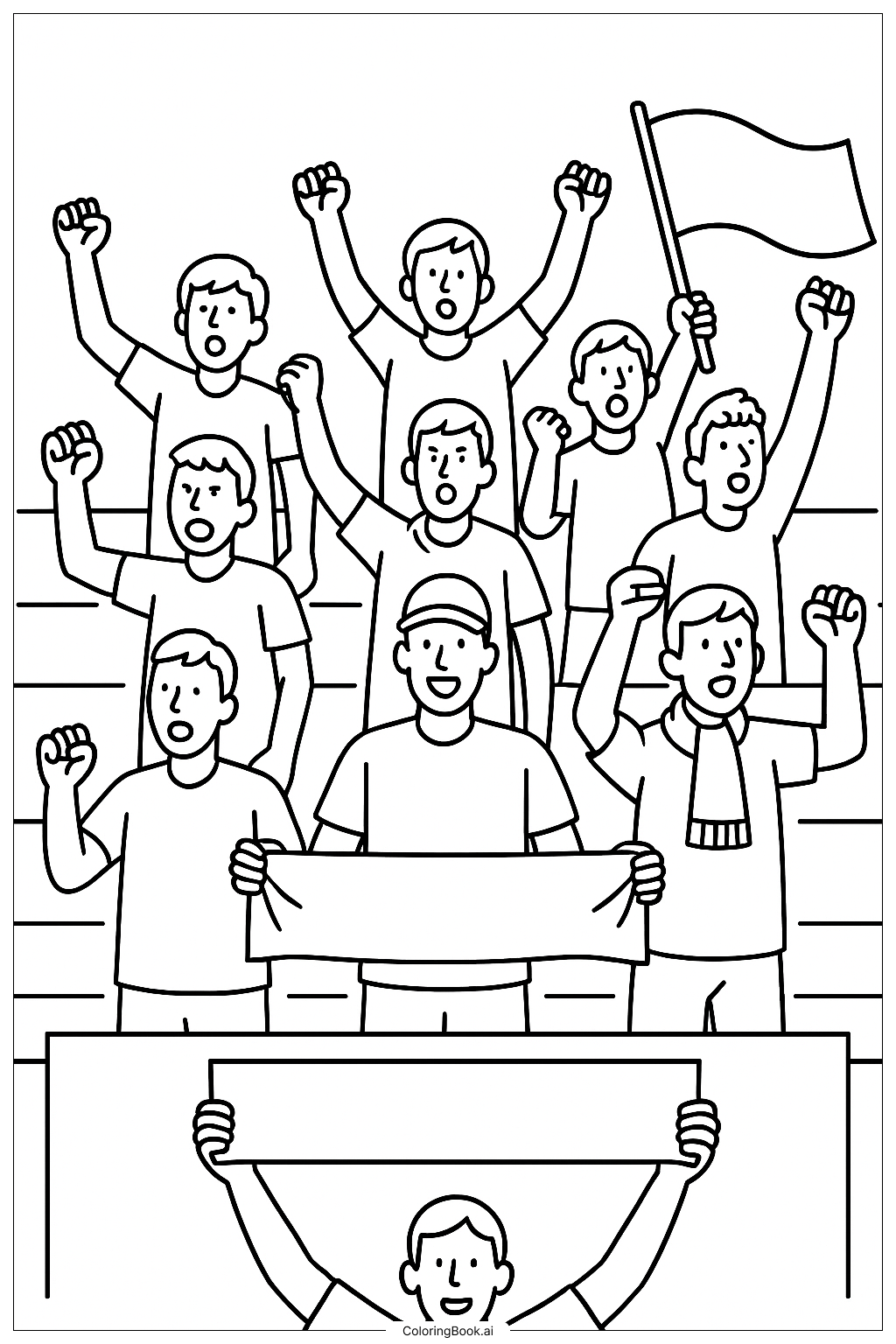  Página para colorear de Aficionados al fútbol con pancartas 