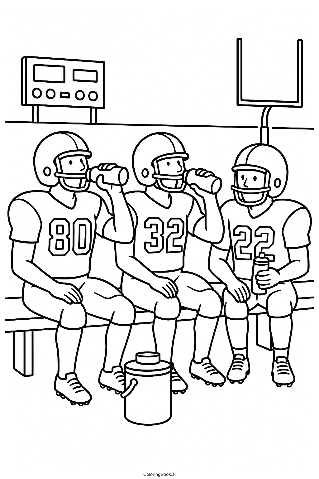 Página para colorear de Descanso para beber agua en la línea de banda de fútbol americano 