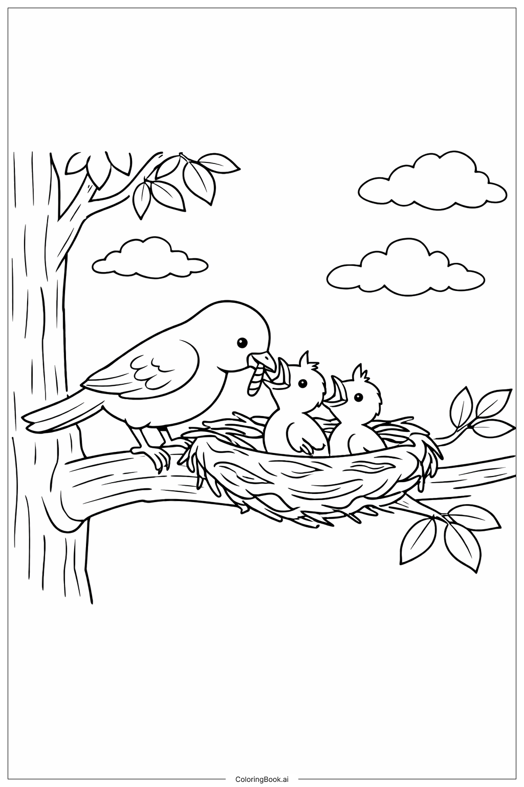 Página para colorear de Pájaro del bosque alimentando a sus polluelos