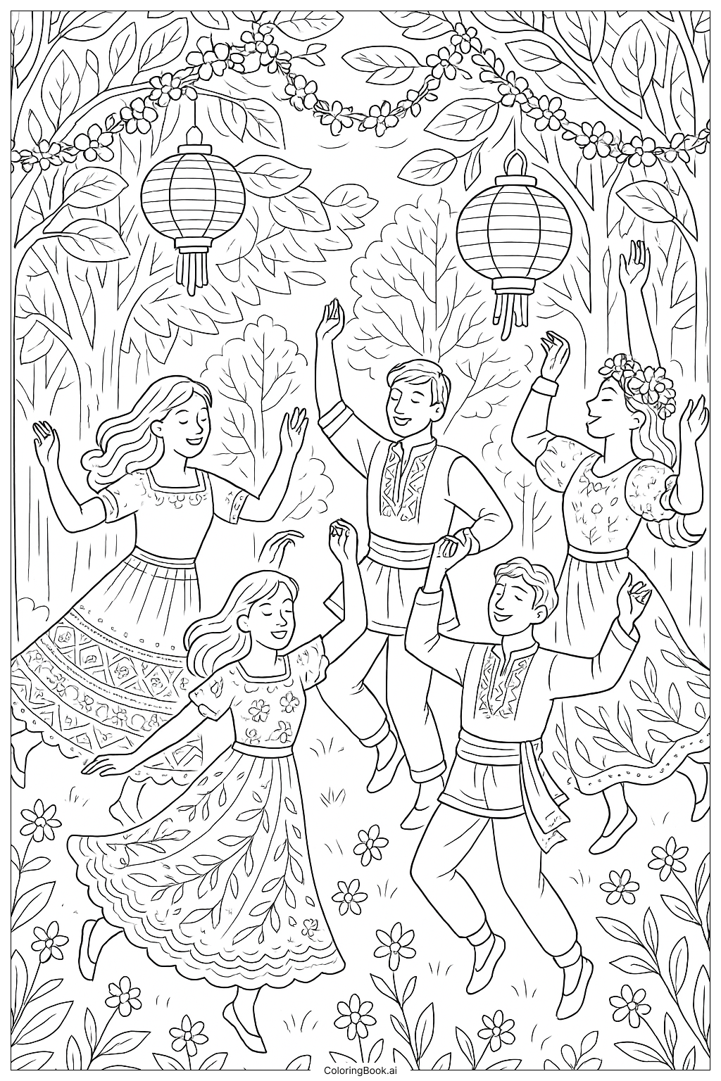  森のダンス祭りの塗り絵ページ 