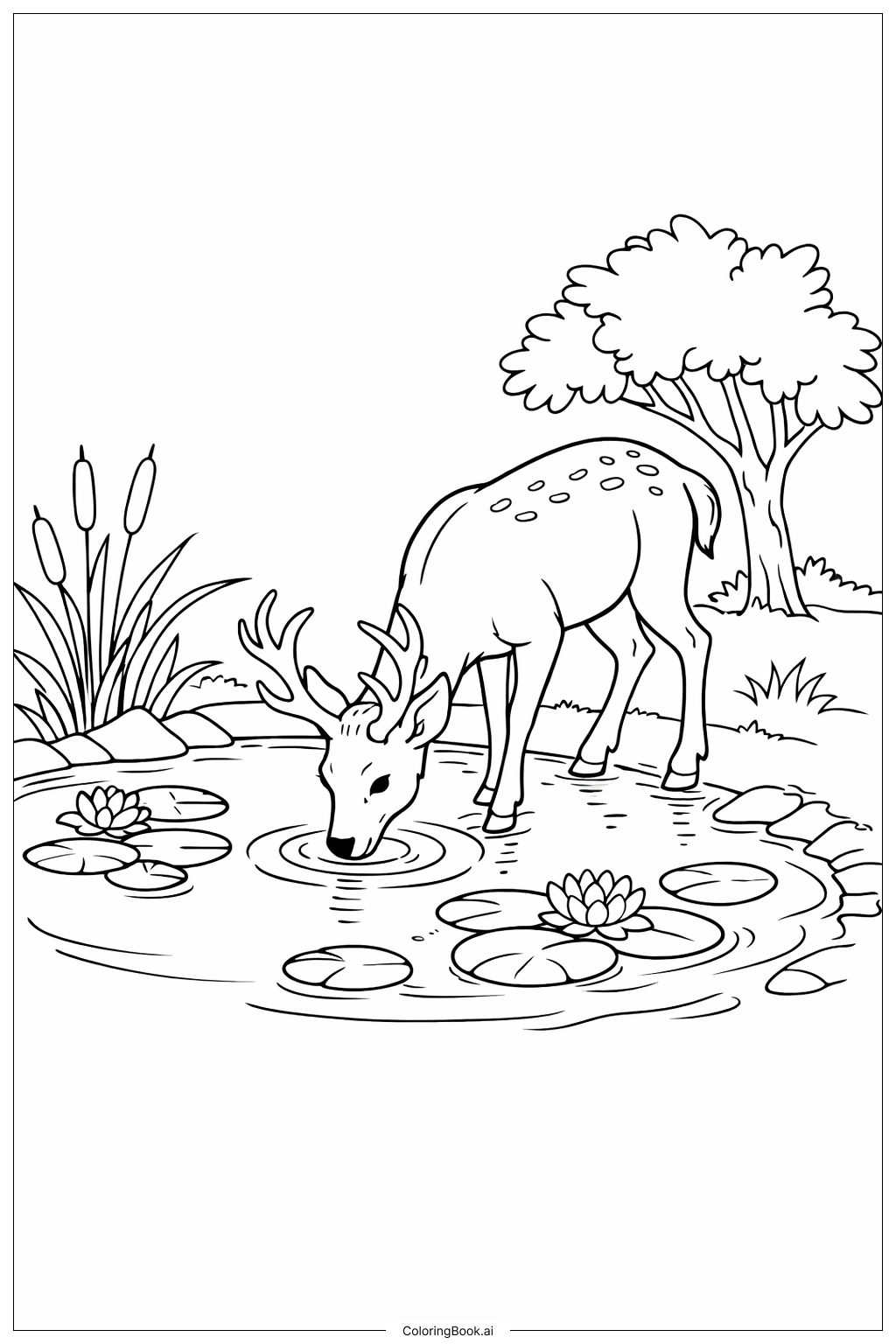 Página para colorear de Ciervo del Bosque junto al Estanque