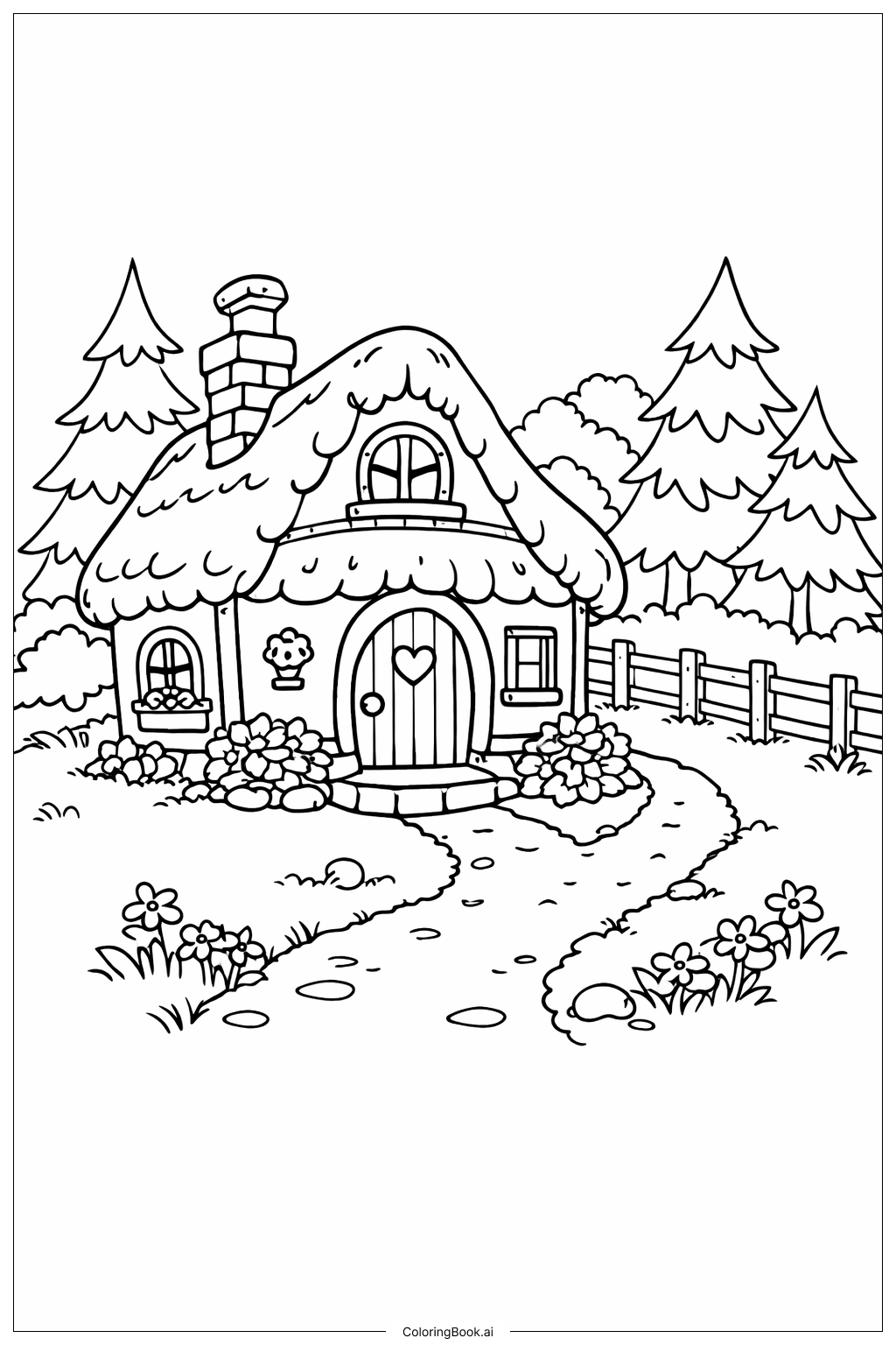 Página para colorear de Casita de cuento en el bosque