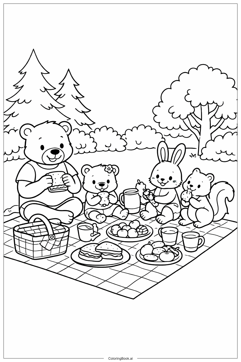 Página para colorear de Picnic Familiar en el Bosque