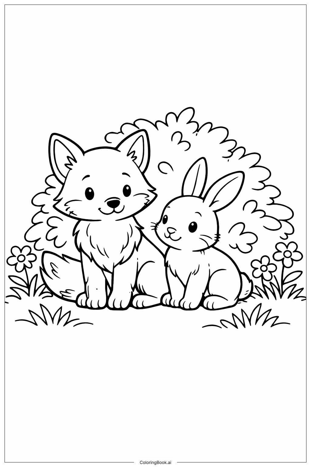 Página para colorear de Amigos del zorro y el conejo del bosque