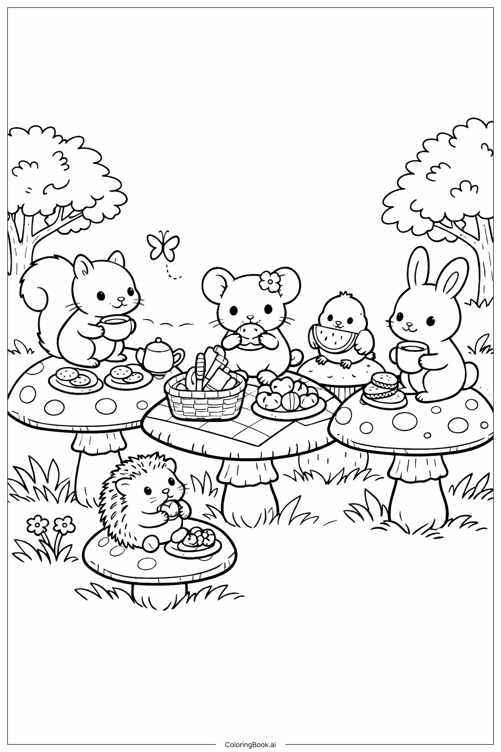 Página para colorear de Picnic en el Bosque con Hongos