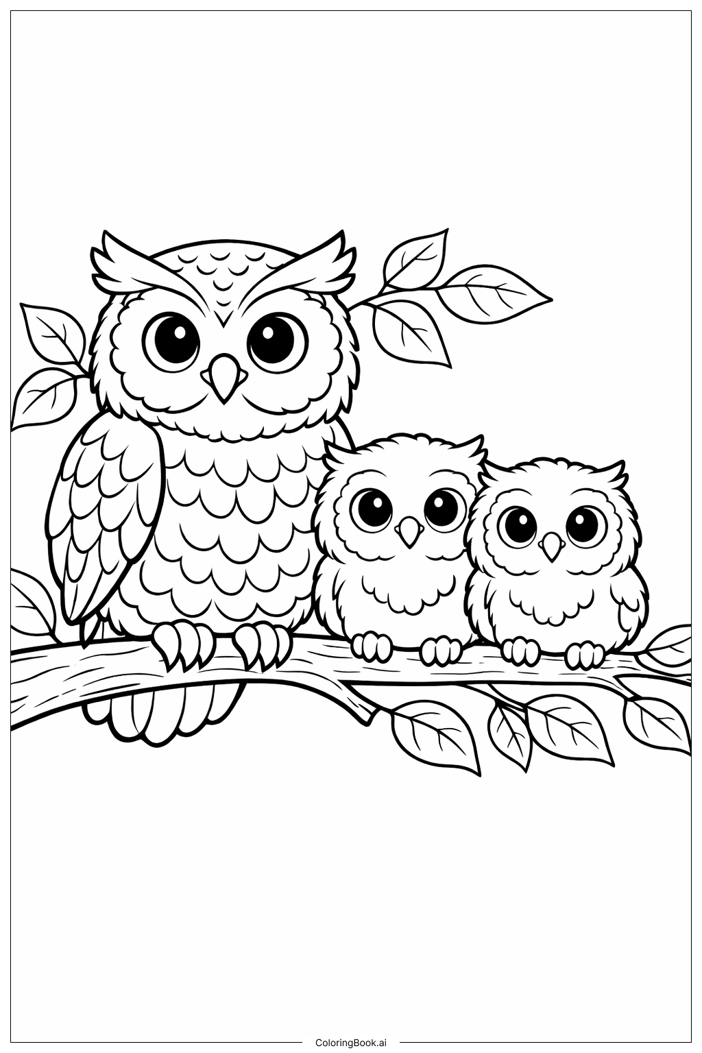 Página para colorear de Familia de Búhos del Bosque