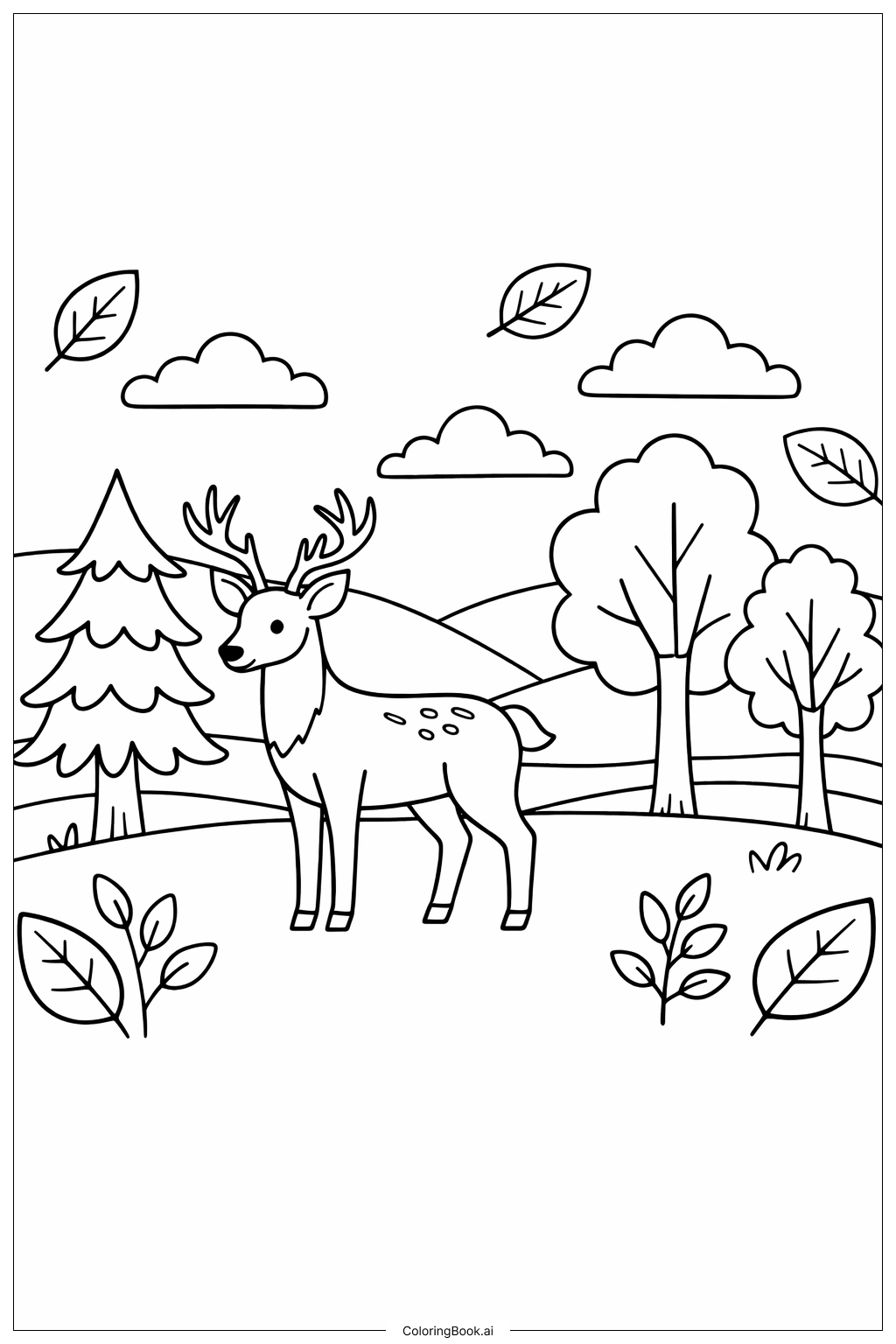  带鹿的森林图案填色页 