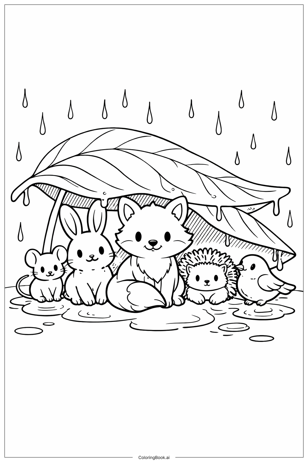 Página para colorear de Día lluvioso en el bosque