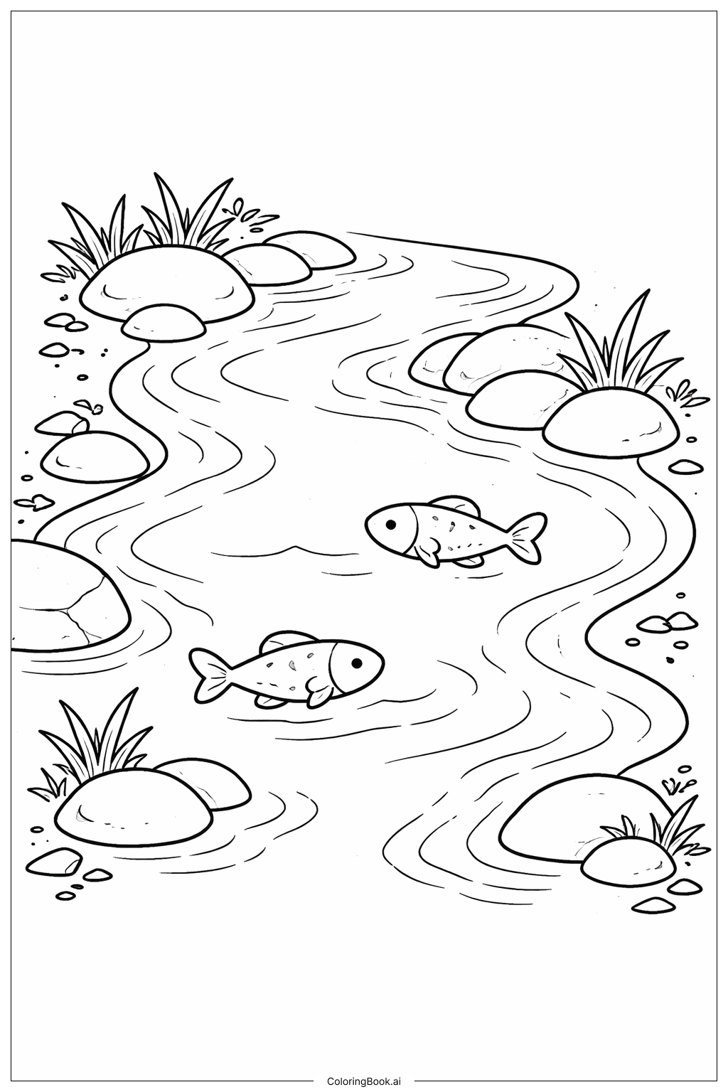 Página para colorear de Arroyo del bosque con peces