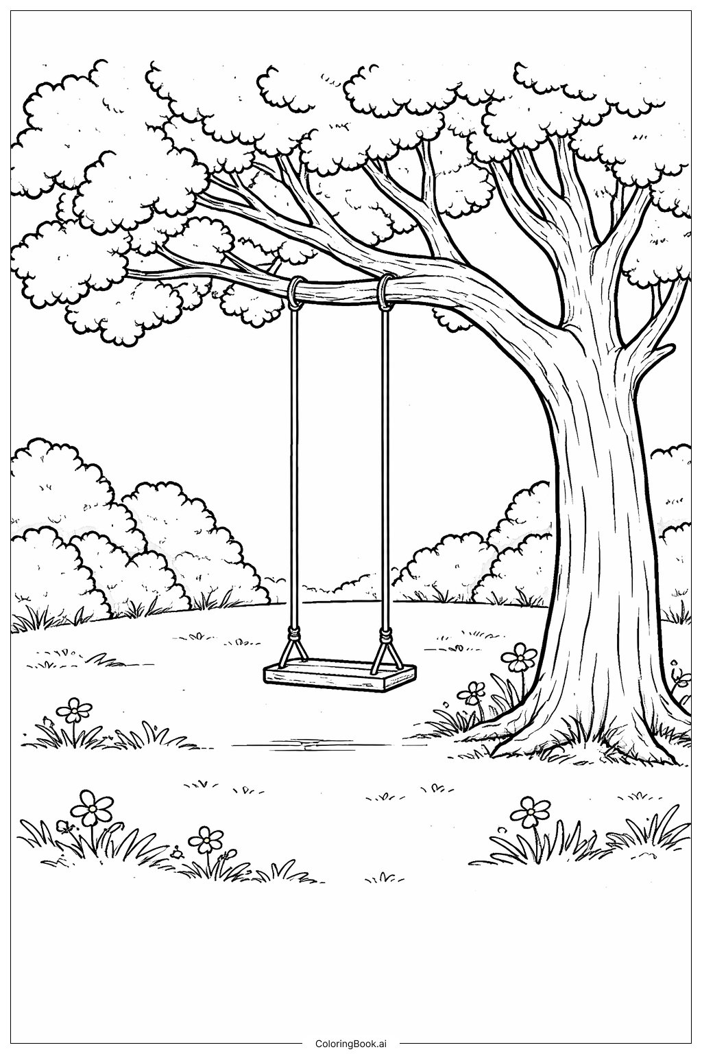 Página para colorear de Columpio en Árbol del Bosque