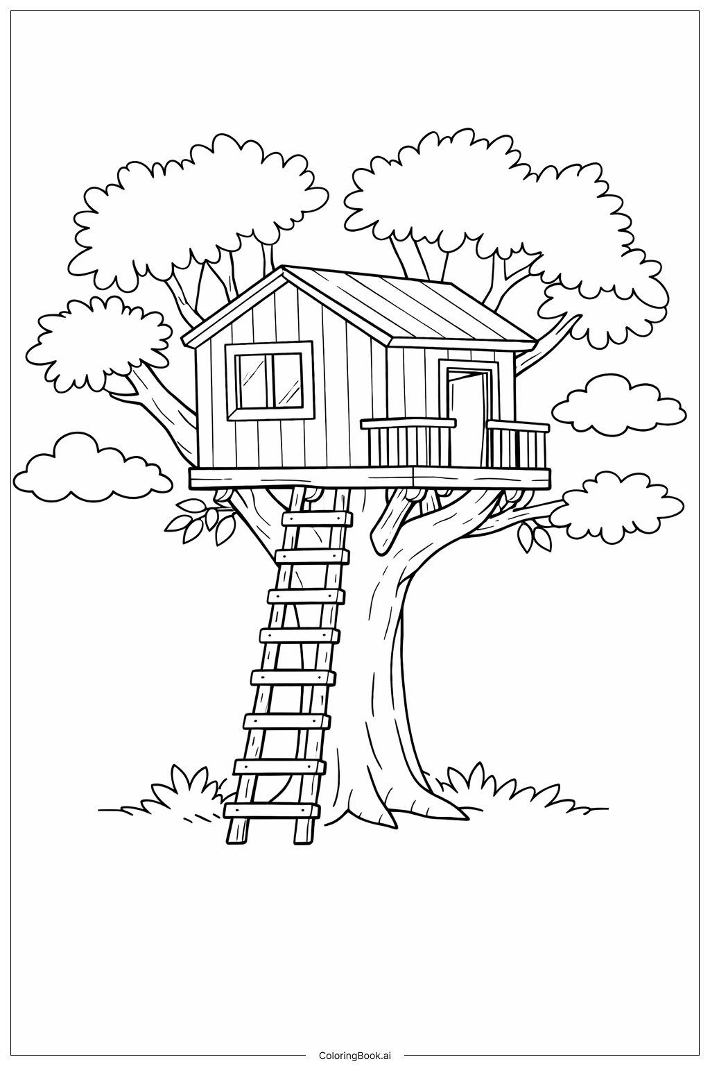 Página para colorear de Casa del árbol en el bosque