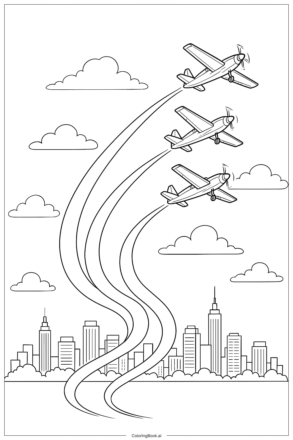 Formationsflugzeuge mit Rauchspuren Ausmalseite 