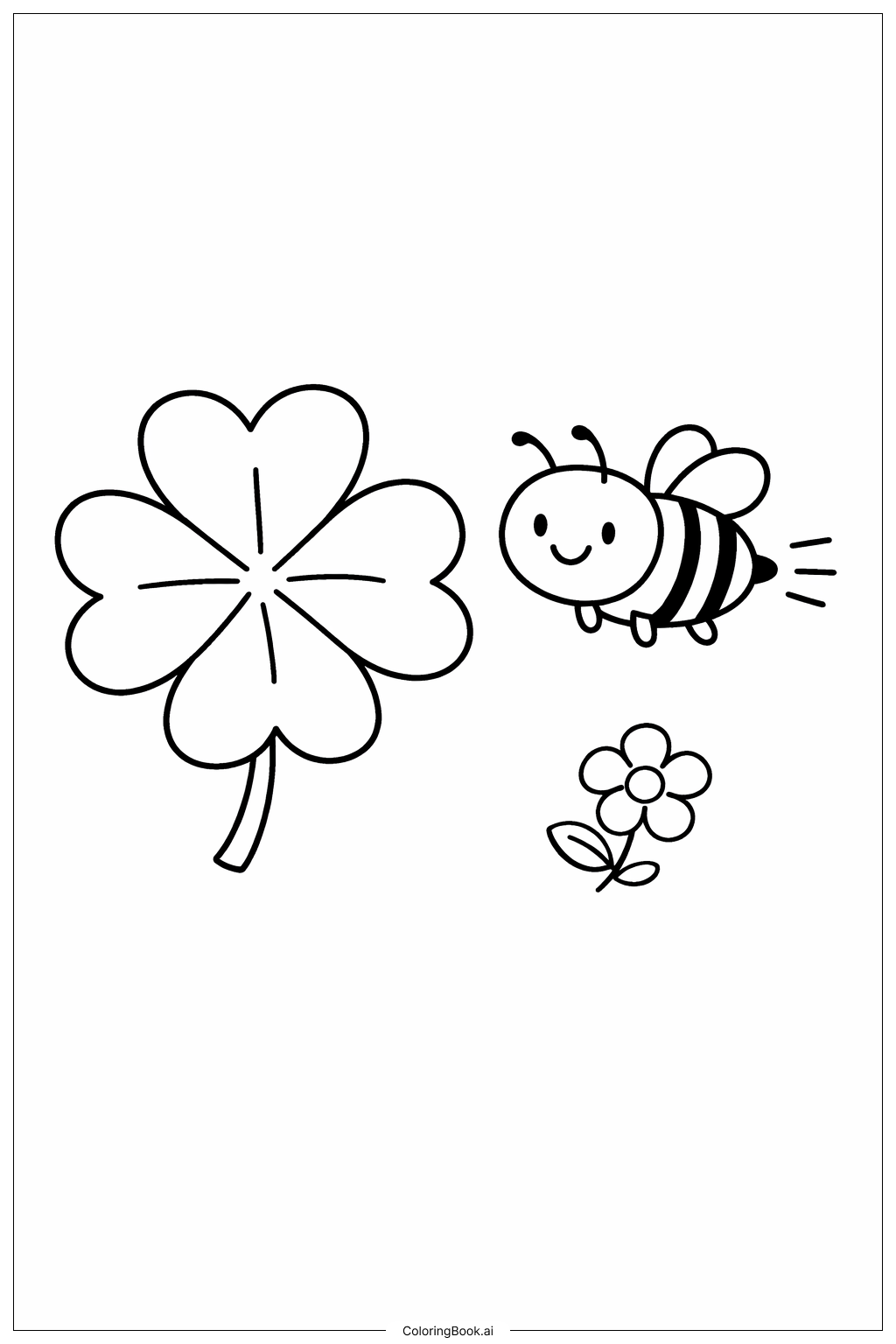  四叶草和微笑的蜜蜂填色页 