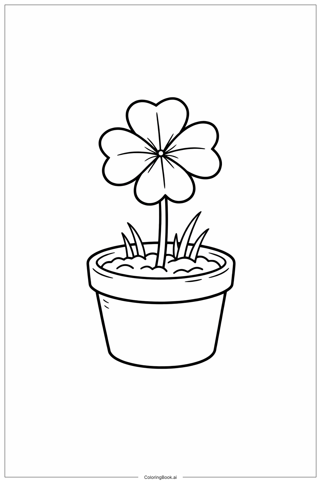 鉢植えの四つ葉のクローバーの塗り絵ページ
