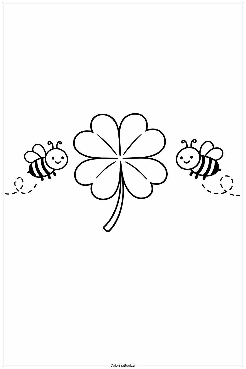 ミツバチと四つ葉のクローバーの塗り絵ページ