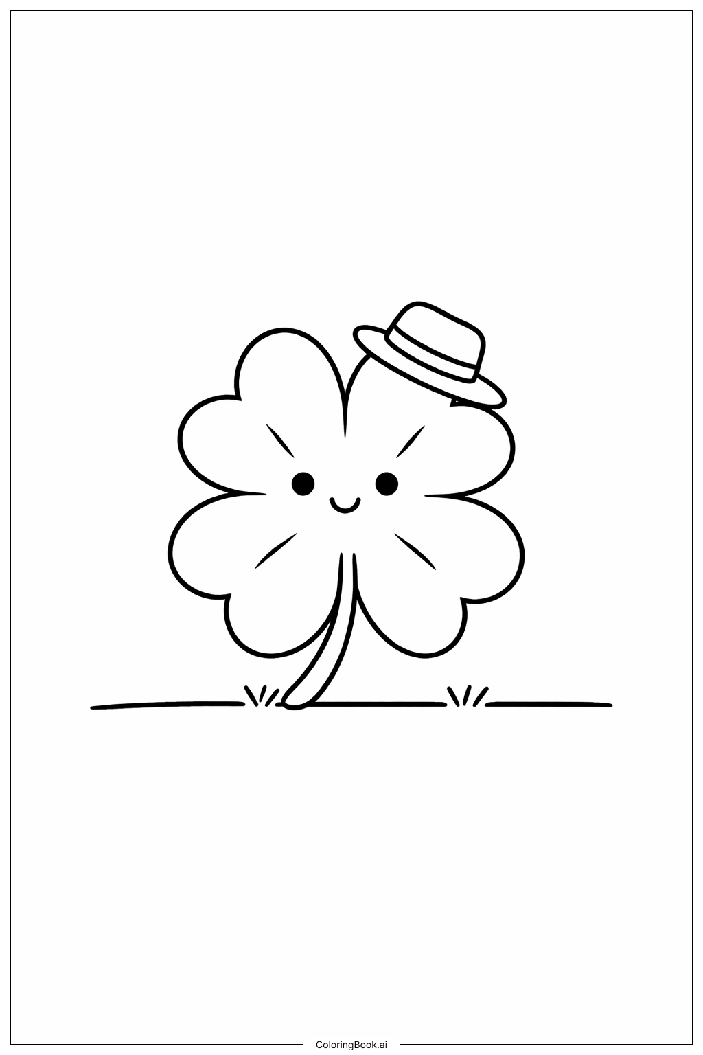 帽子をかぶった四つ葉のクローバーの塗り絵ページ