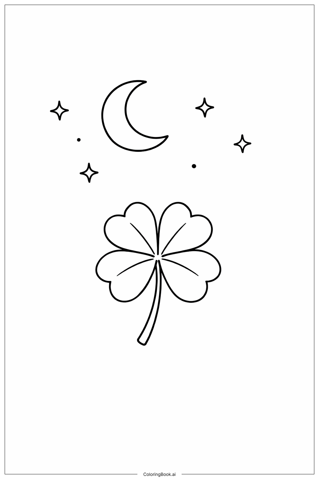 月と四つ葉のクローバーの塗り絵ページ