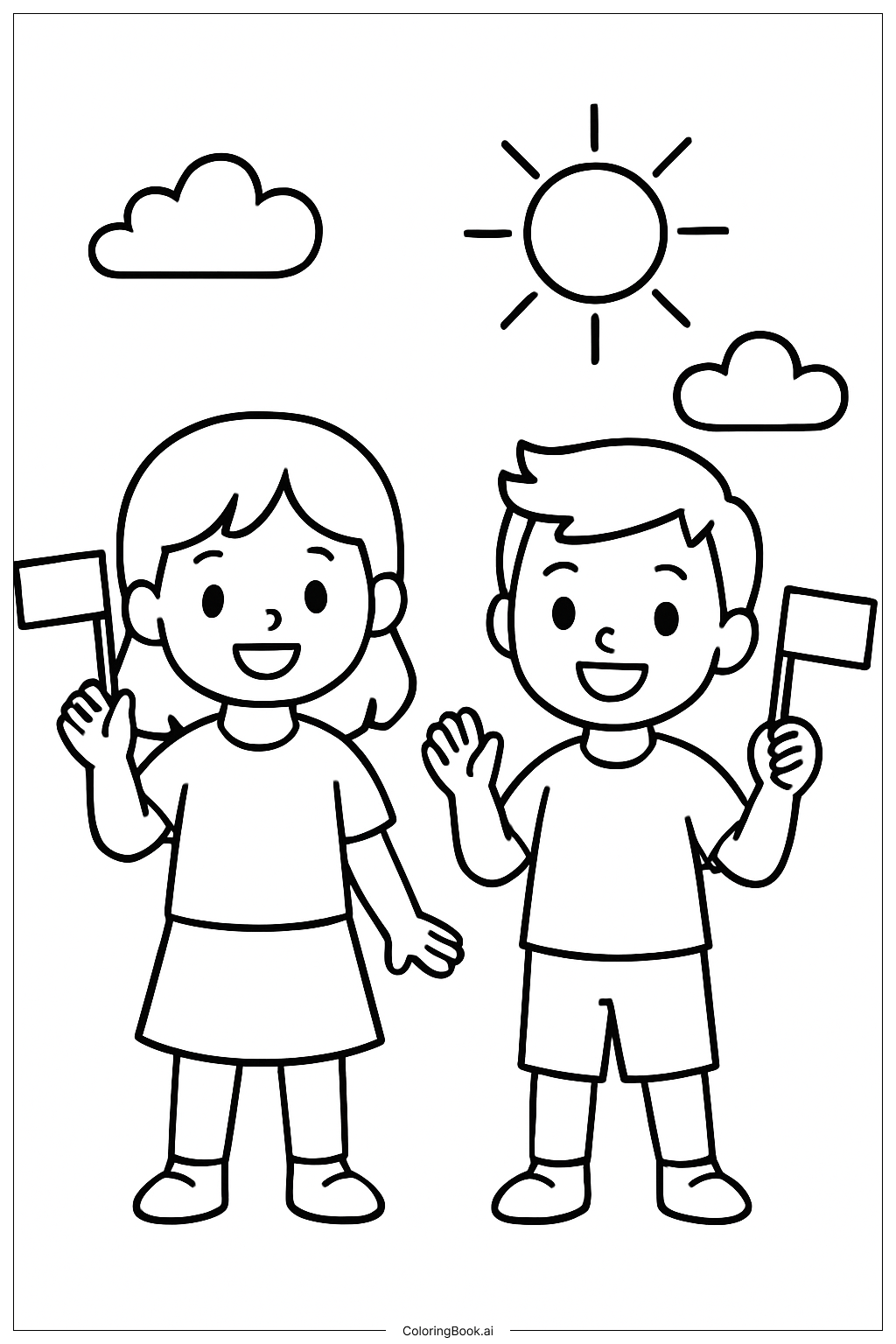 Página para colorear de Niños ondeando banderas en el Cuatro de Julio