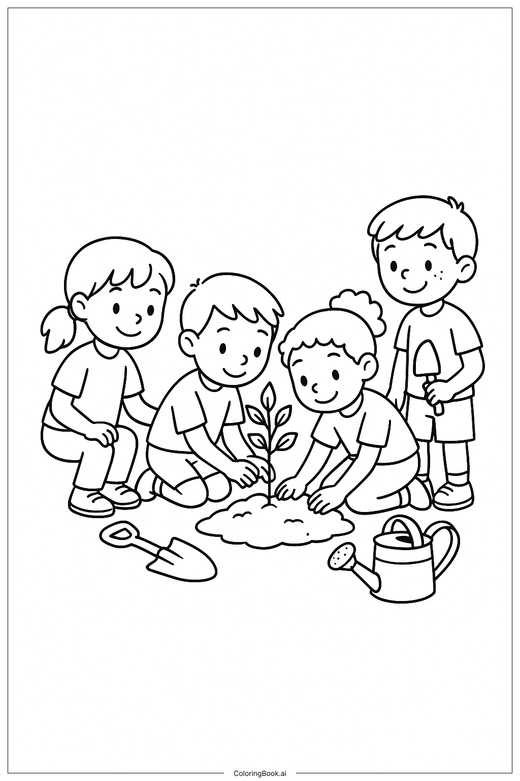  Página para colorir de Amizade Plantando Uma Árvore 