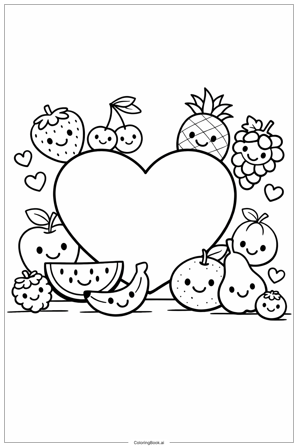  フルーツオブザスピリット ハートの周りのフルーツの塗り絵ページ 