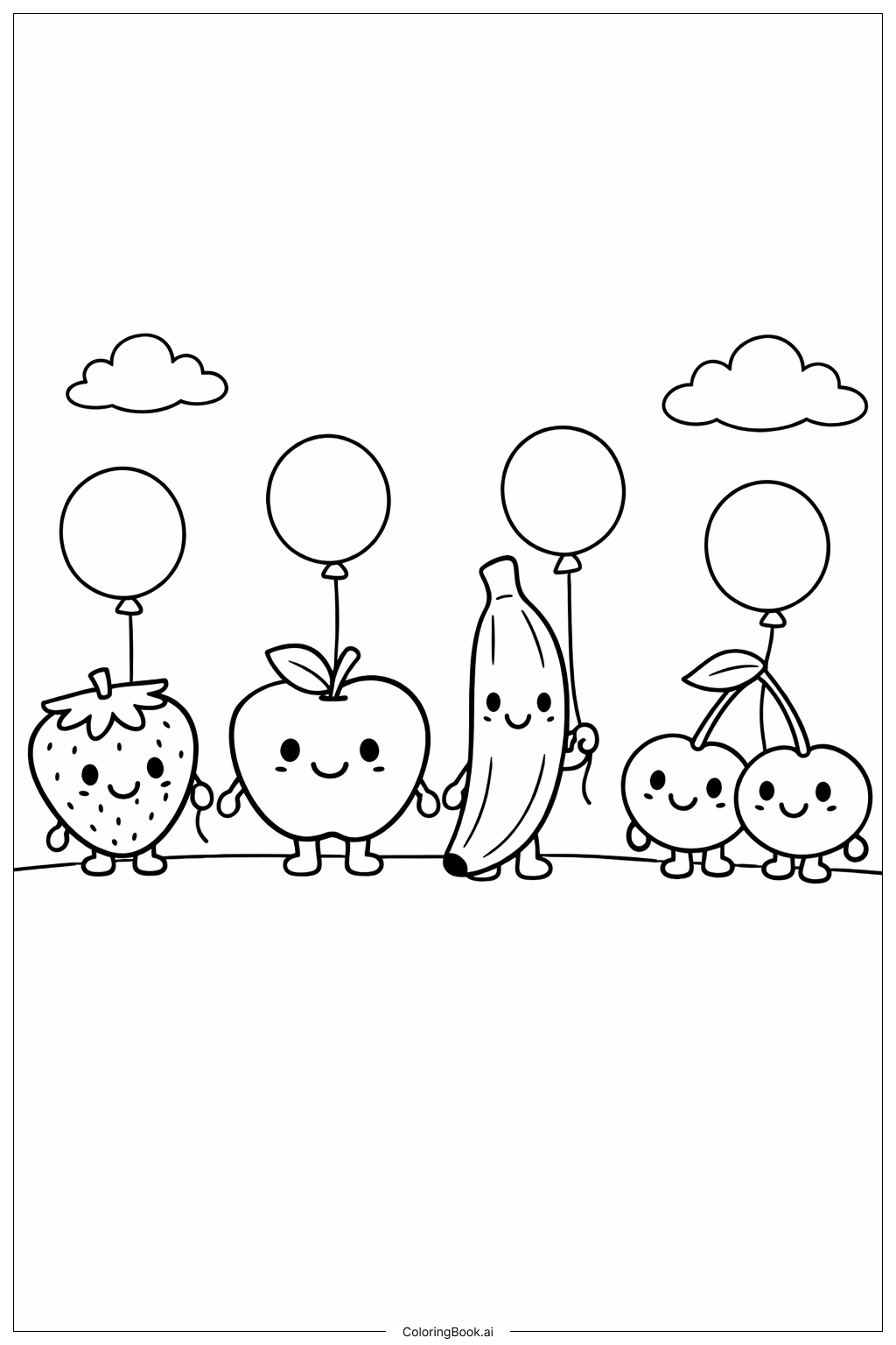  風船を持ったフルーツ・オブ・ザ・スピリットの塗り絵ページ 