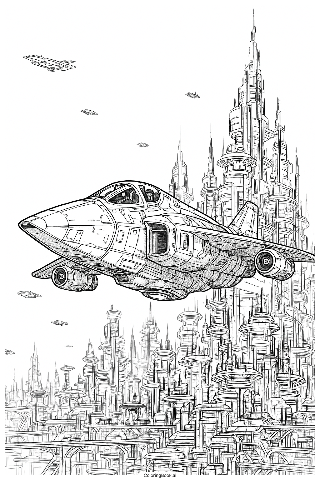 Página para colorir de Avião Futurista Sobre a Cidade