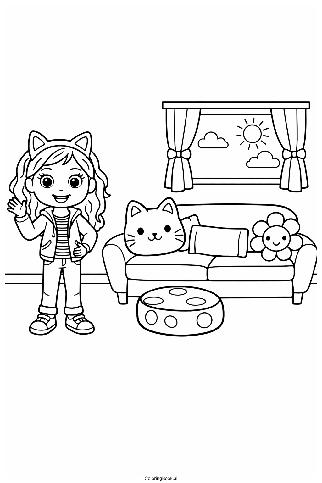  ギャビーのドールハウス リビングルームのシーンの塗り絵ページ 