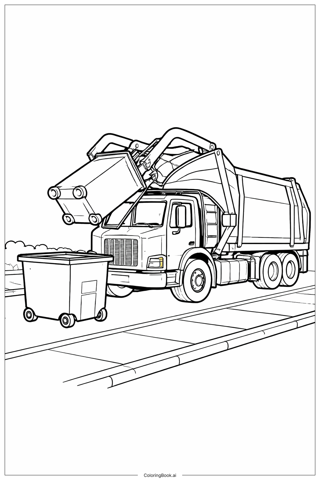 큰 쓰레기통을 채우는 쓰레기 수거차 색칠공부 페이지