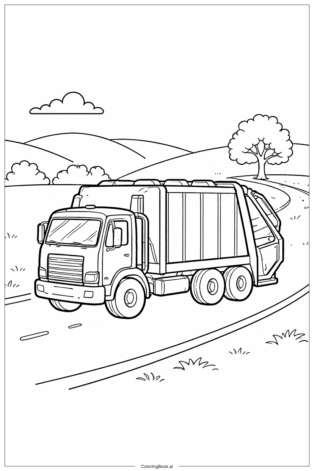 구불구불한 길의 쓰레기 수거차 색칠공부 페이지