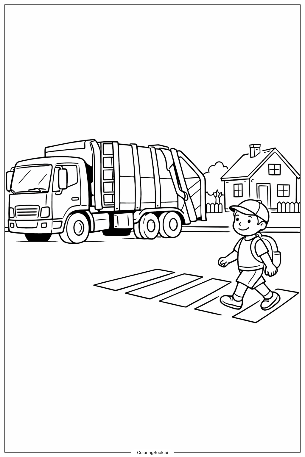 건널목에서 길을 건너는 아이와 쓰레기 수거차 색칠공부 페이지