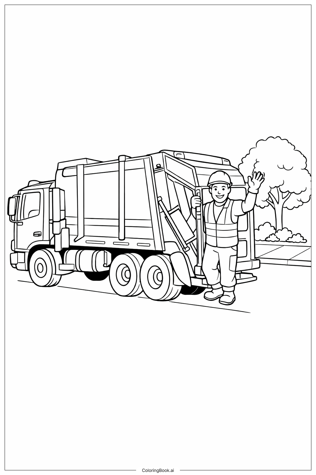 일하는 사람 손 흔들며 쓰레기 수거차 색칠공부 페이지