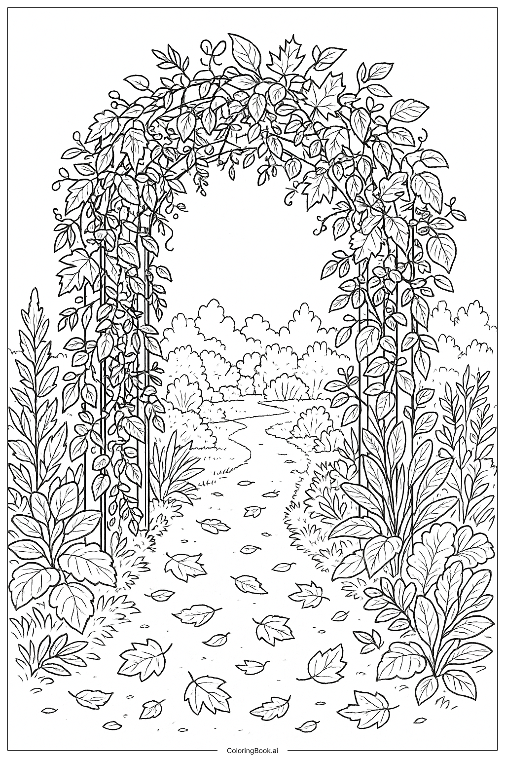 Página para colorir de Arco de Jardim com Folhas de Outono