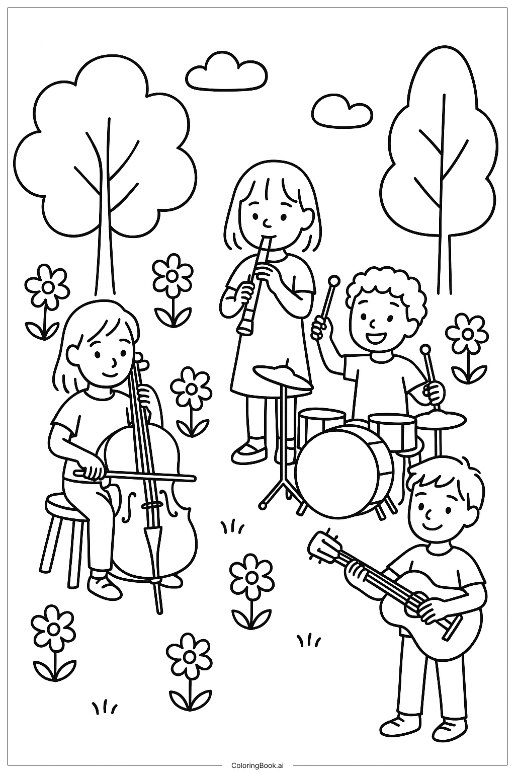 Página para colorear de Ensayo de música en el jardín 
