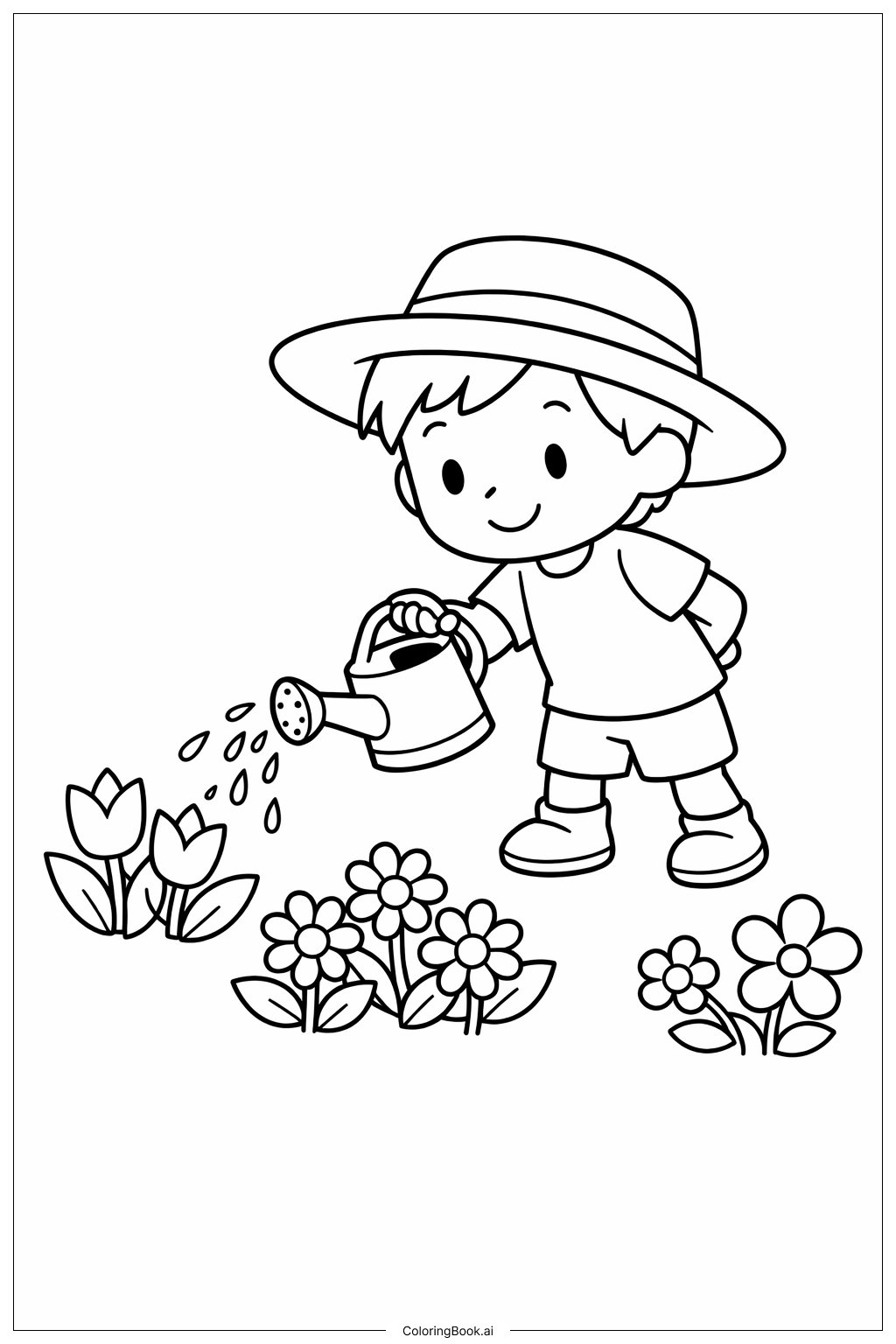  Page de coloriage Personnage arrosant le jardin 
