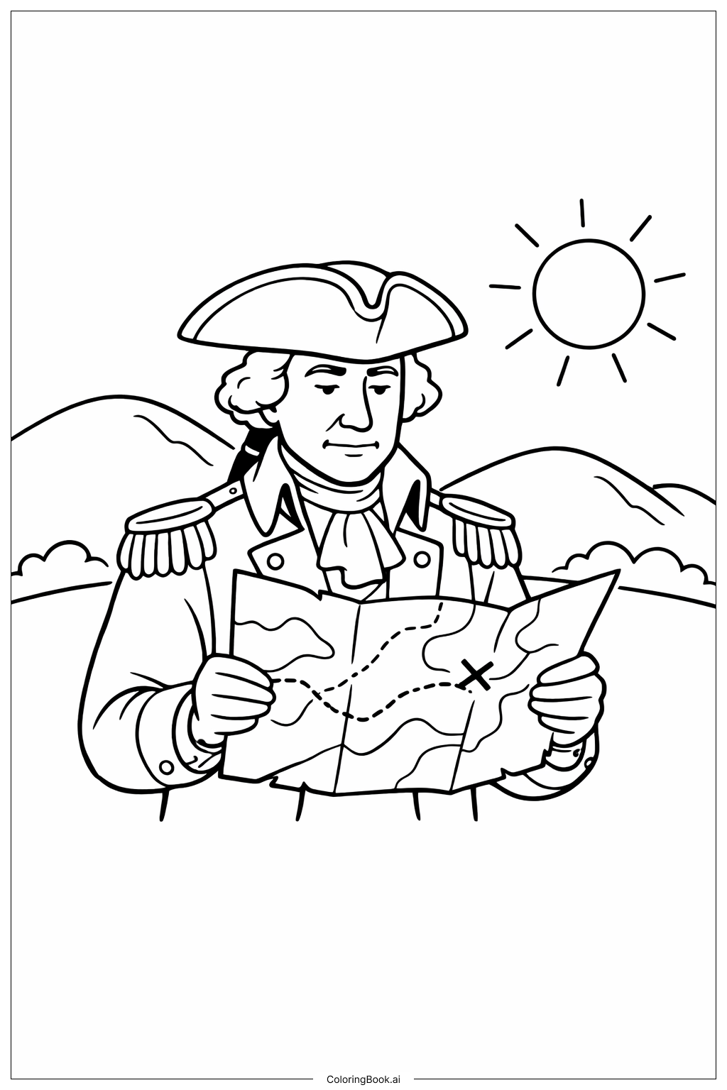  Página para colorear de George Washington leyendo un mapa 