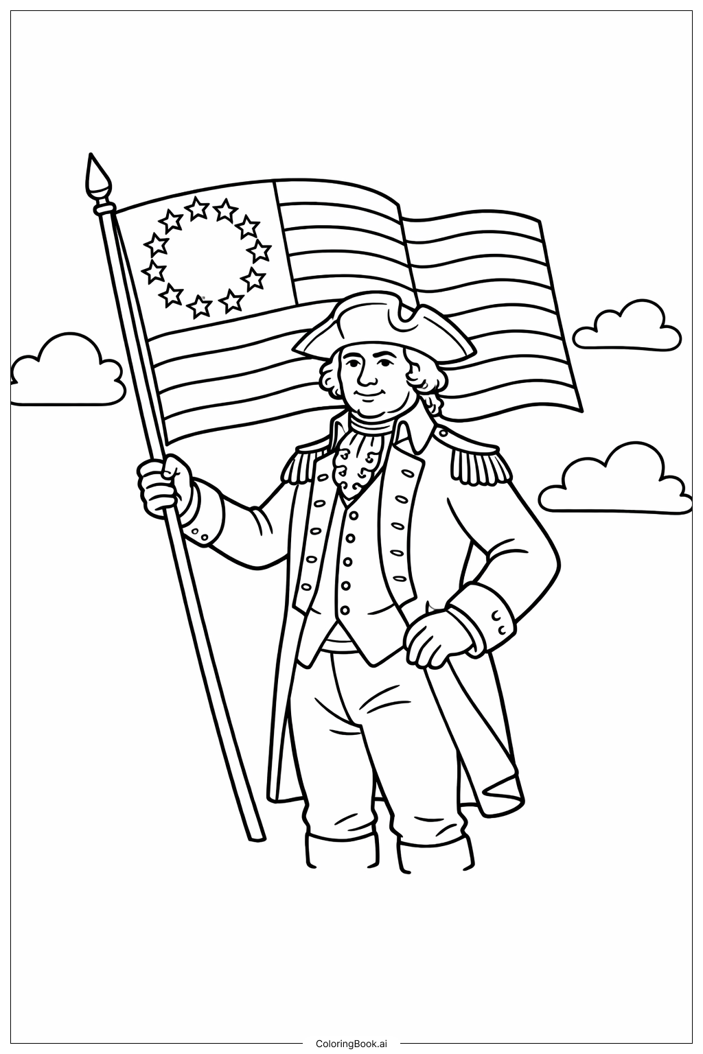  George Washington mit früher Flagge Ausmalseite 