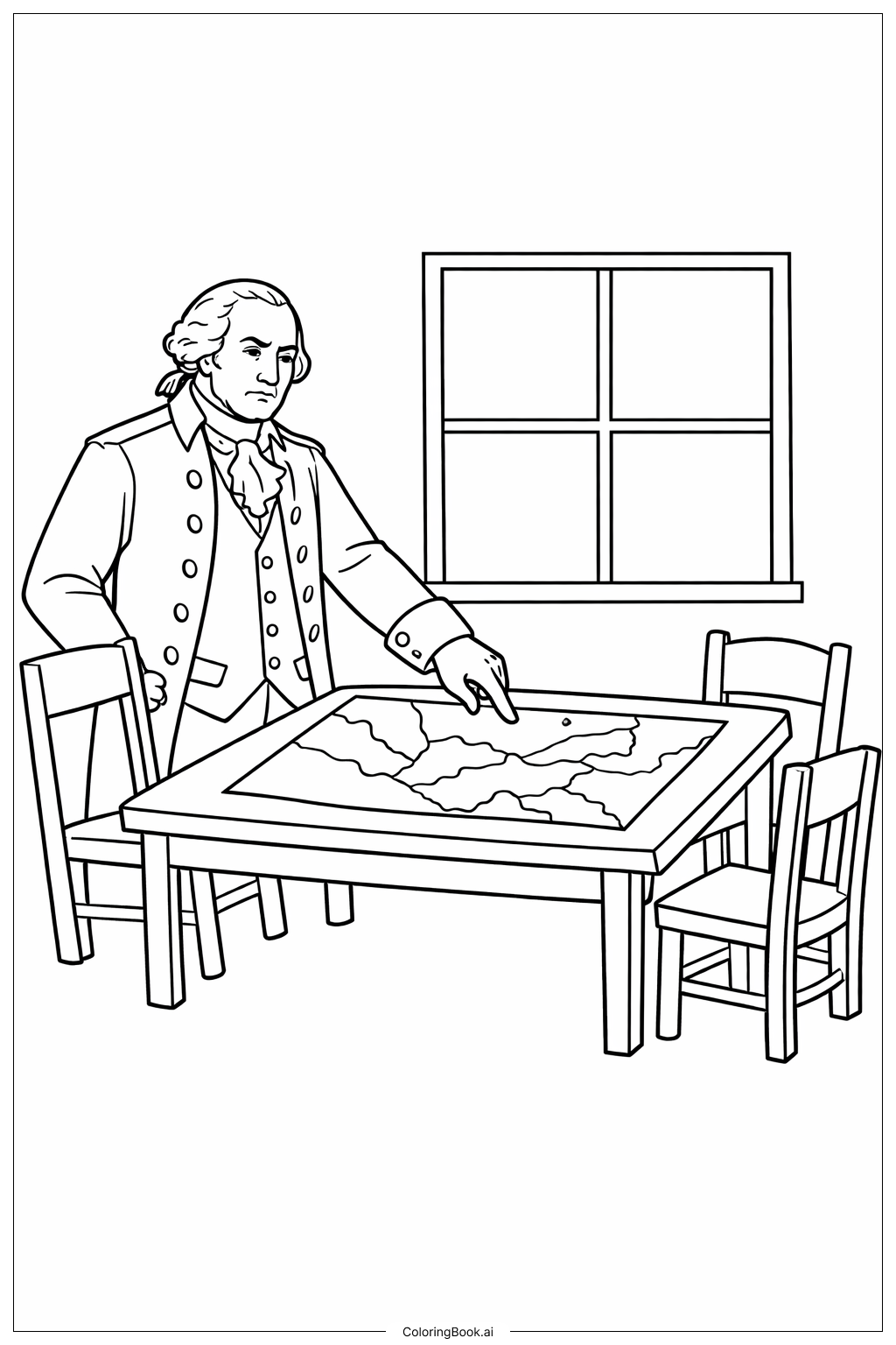  지도 테이블과 함께한 조지 워싱턴 색칠공부 페이지 