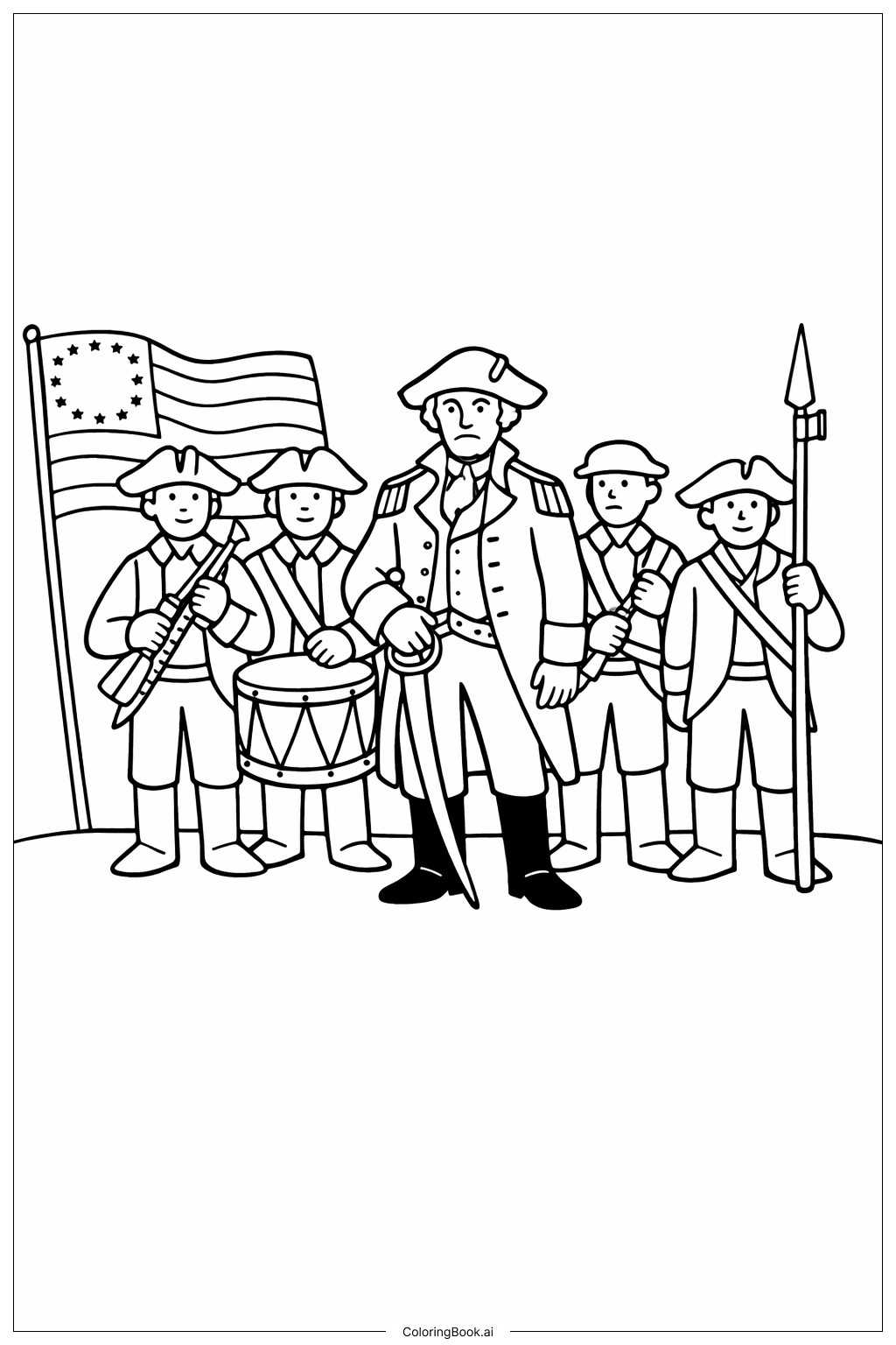  George Washington mit Soldaten Ausmalseite 