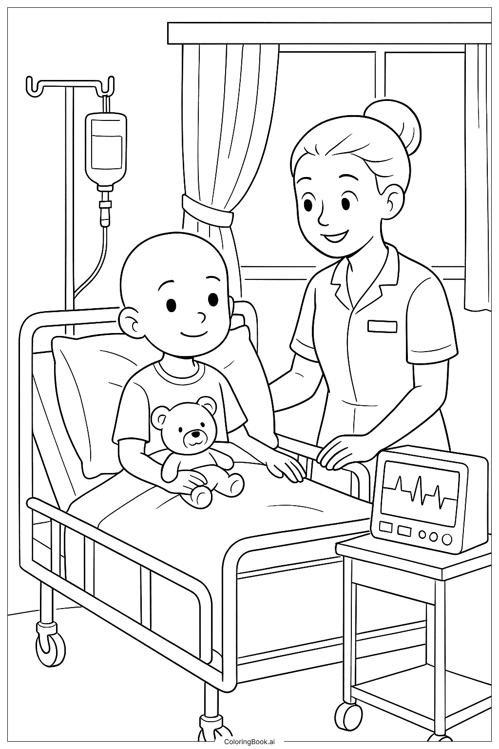  곧 나으세요 병원실 장면 색칠공부 페이지 