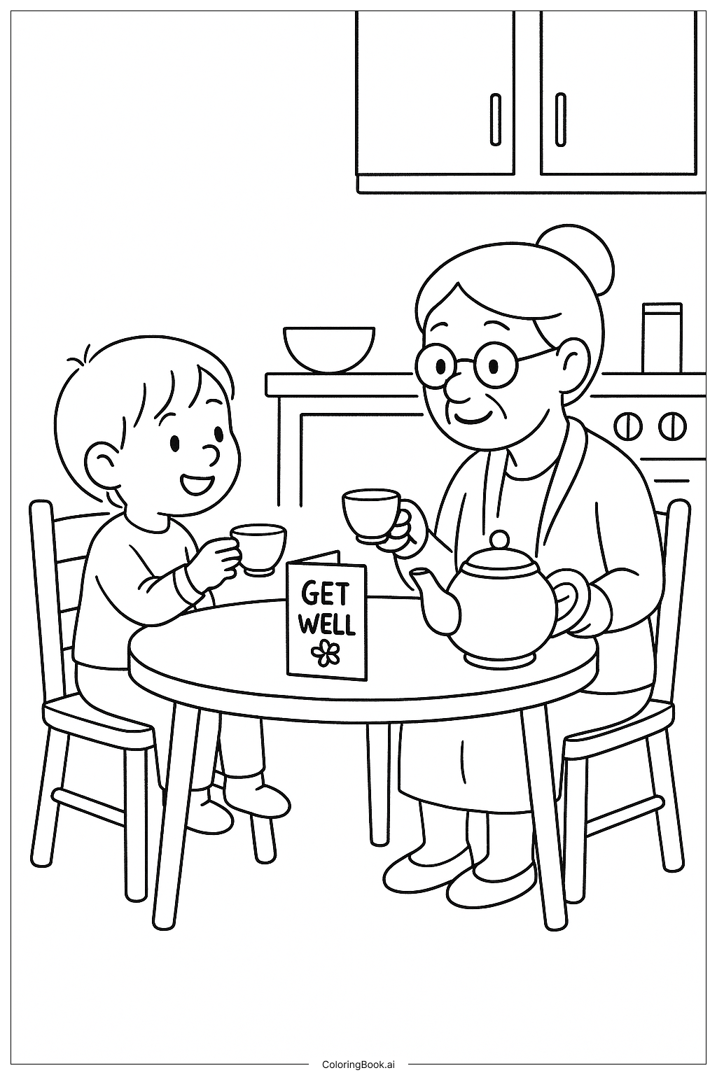 おばあちゃんと一緒にお見舞いティータイムの塗り絵ページ