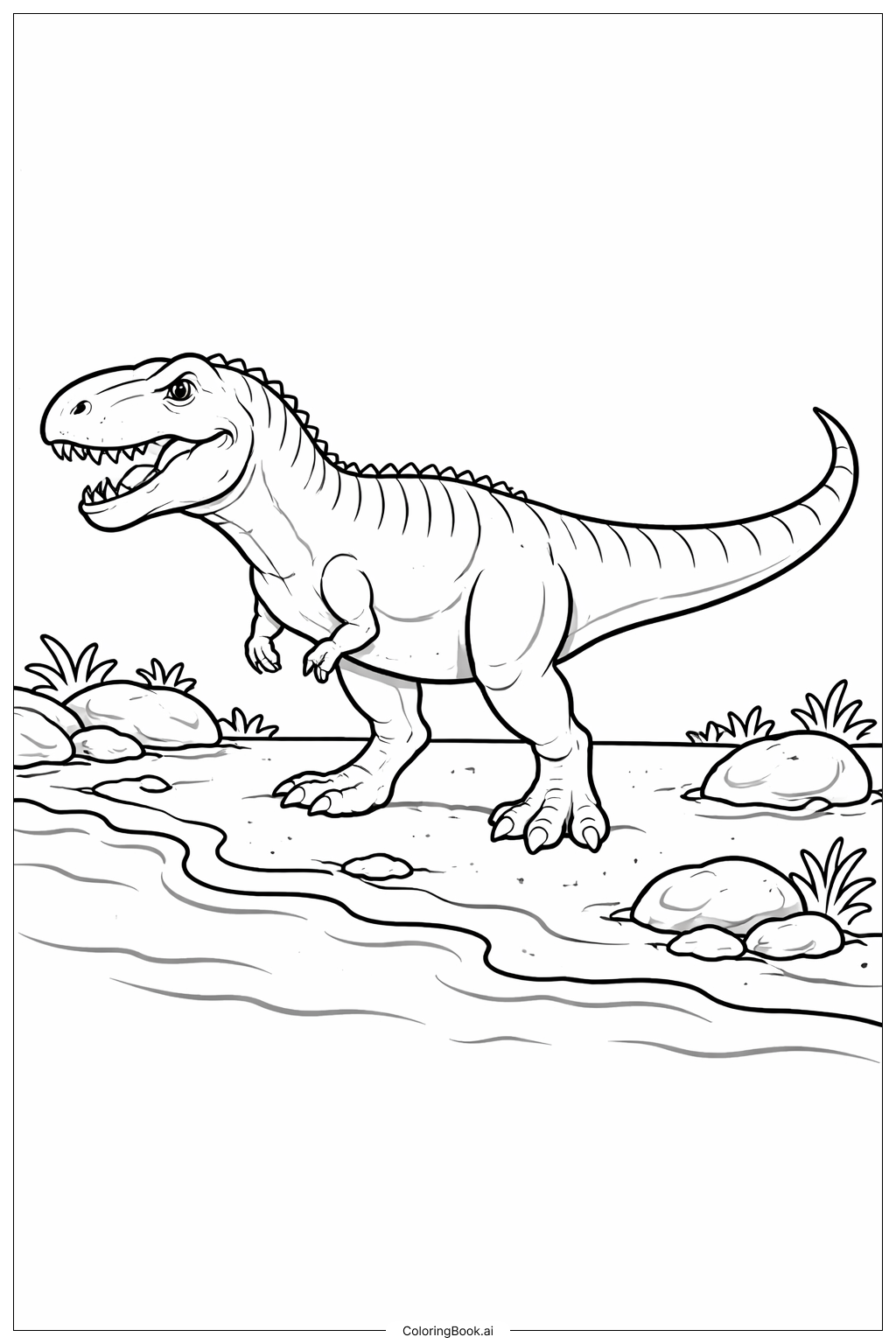 강가 근처의 기가노토사우루스 색칠공부 페이지