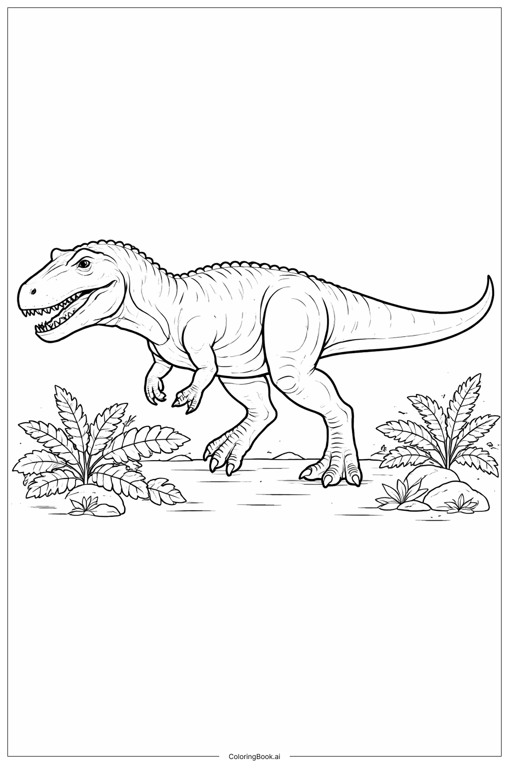 巨兽龙穿行蕨类植物中填色页