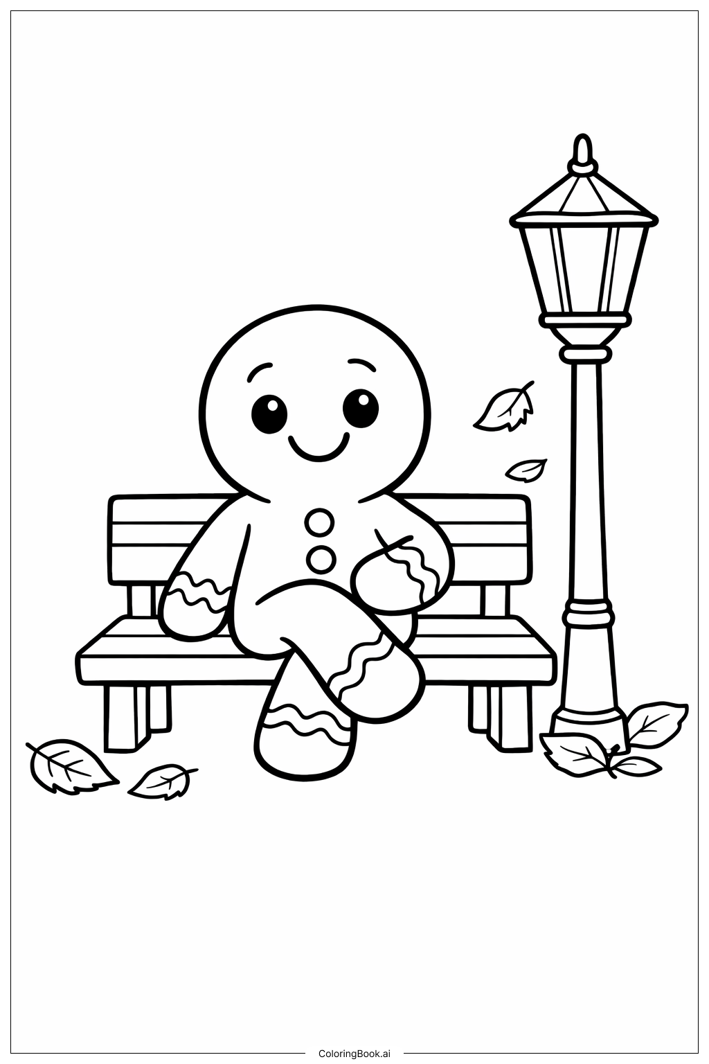  Página para colorear de Hombre de Pan de Jengibre en el Banco 