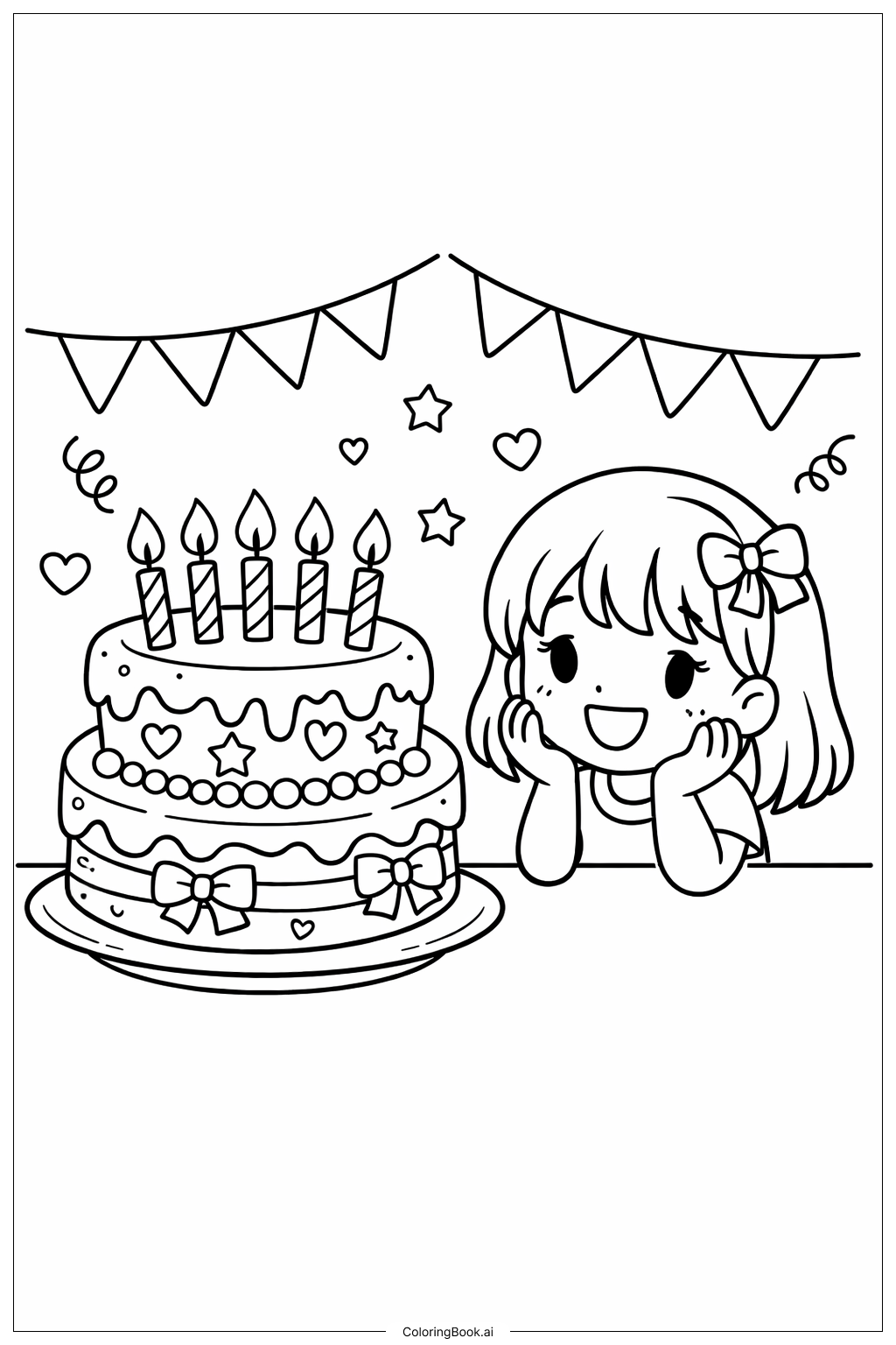  女孩生日蛋糕填色页 