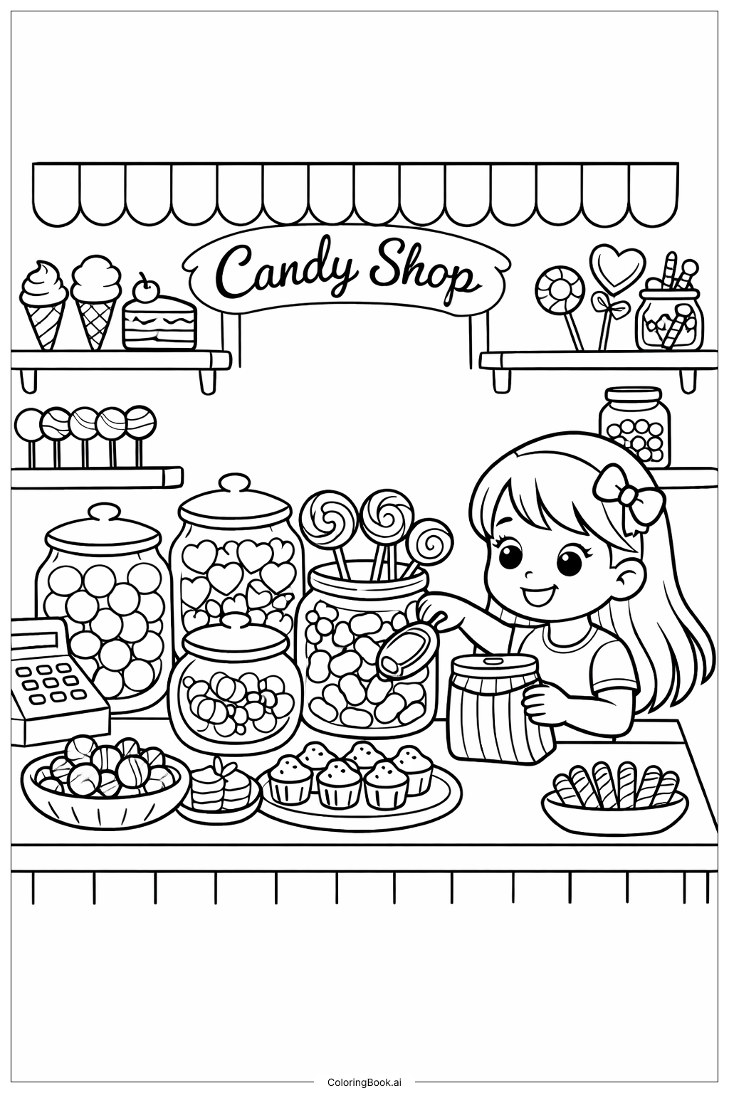  女孩糖果店填色页 