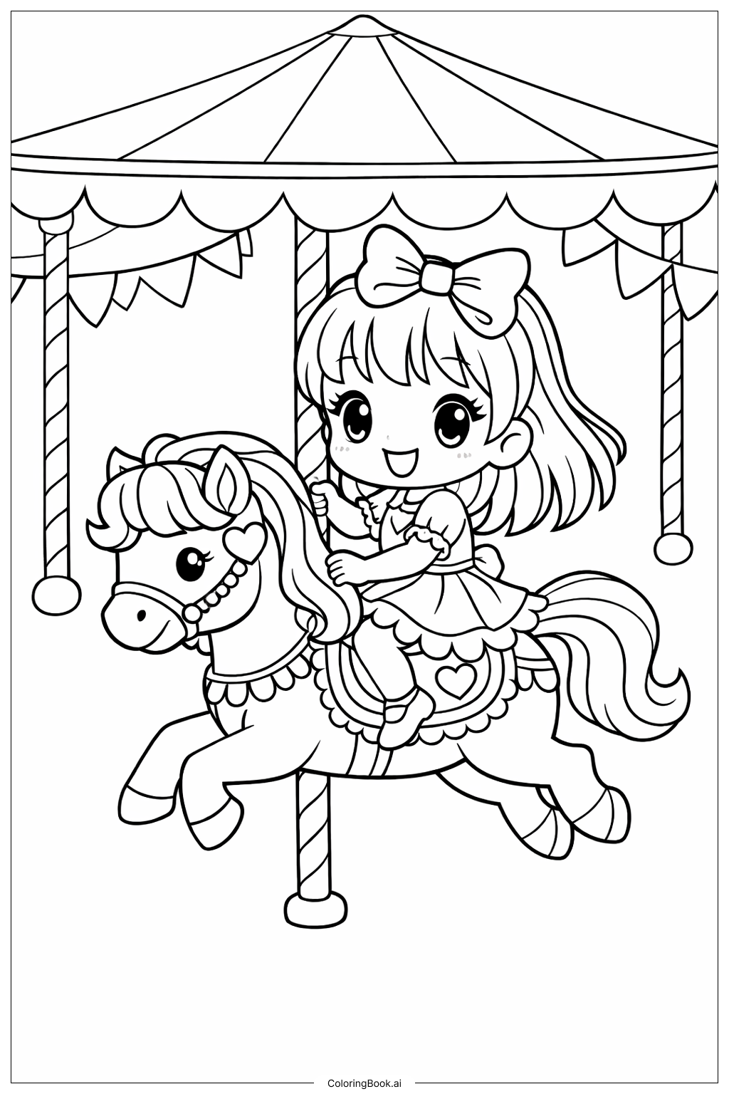  女孩旋转木马填色页 