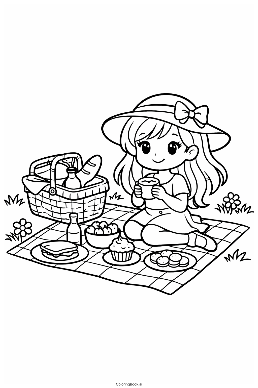  女孩的花园野餐填色页 