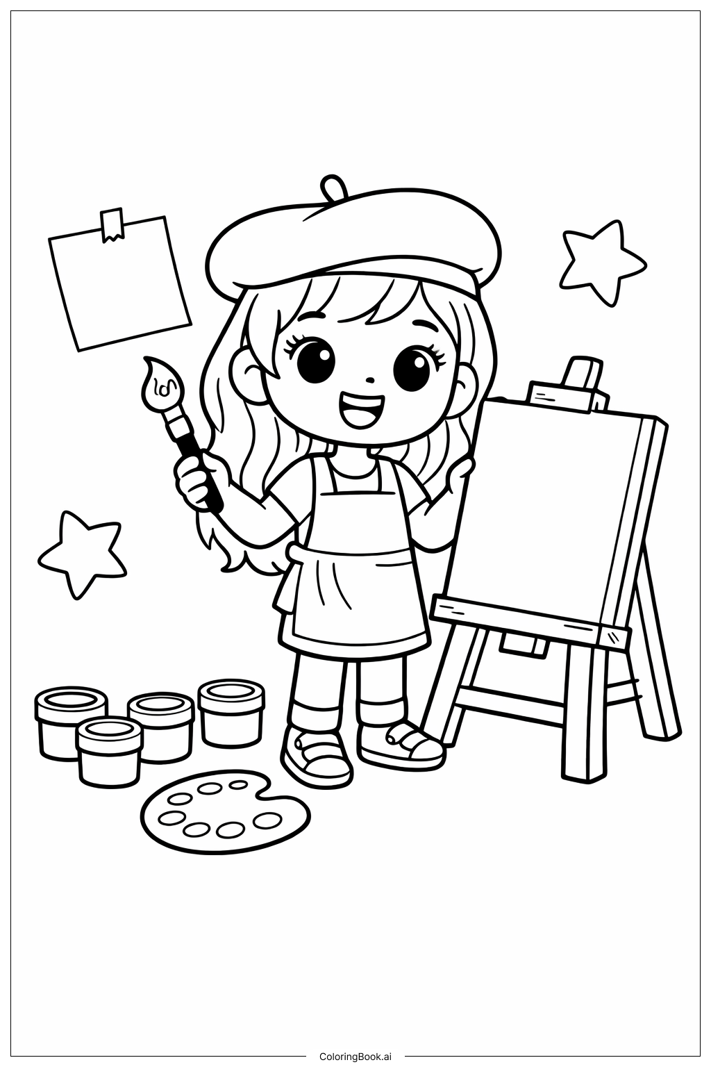  女孩绘画时光填色页 